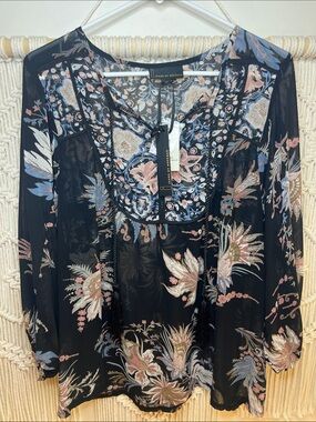 i jeans by Buffalo Black Floral Tie-Neck Blouse with Tassels
